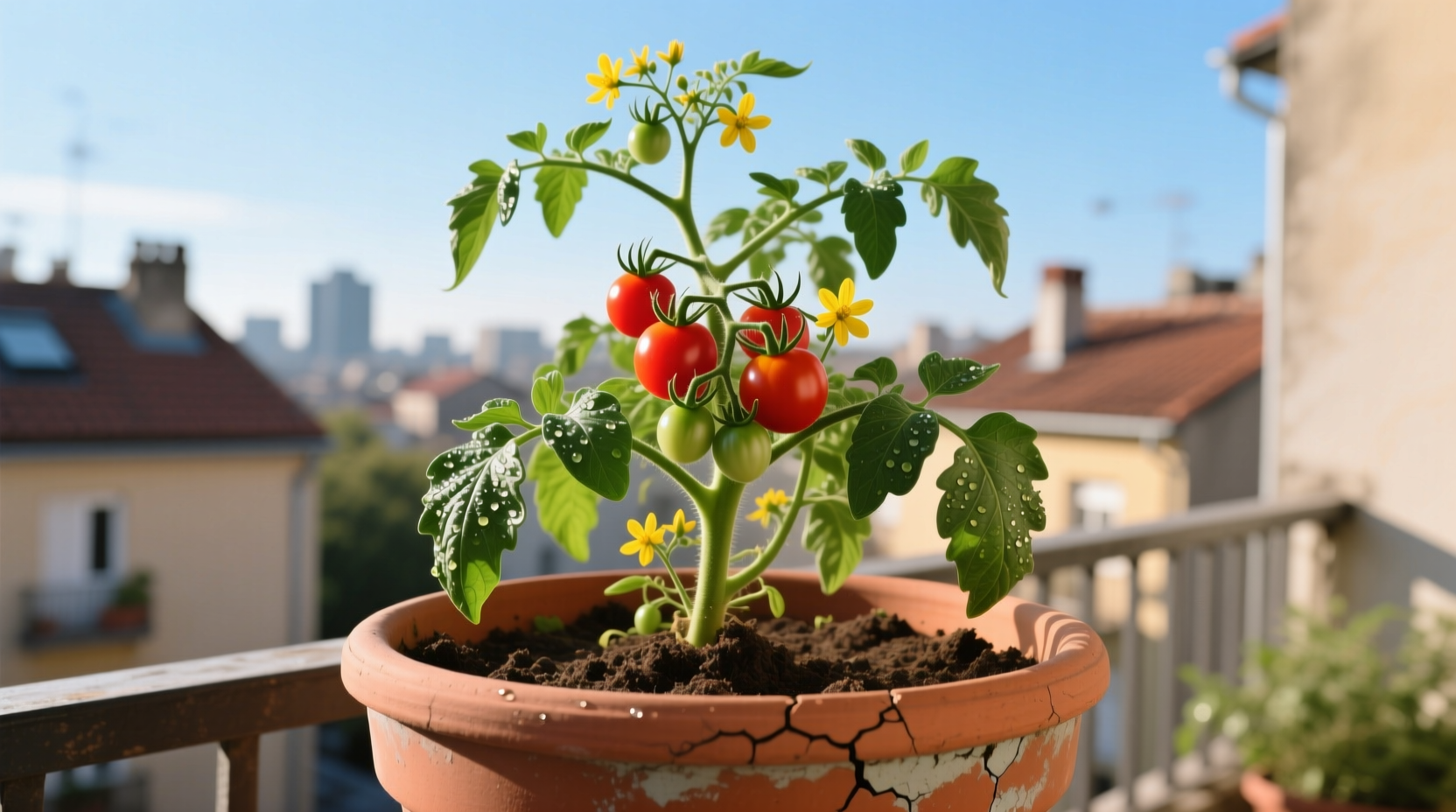 Healthy tomato plant growing in large container on balcony