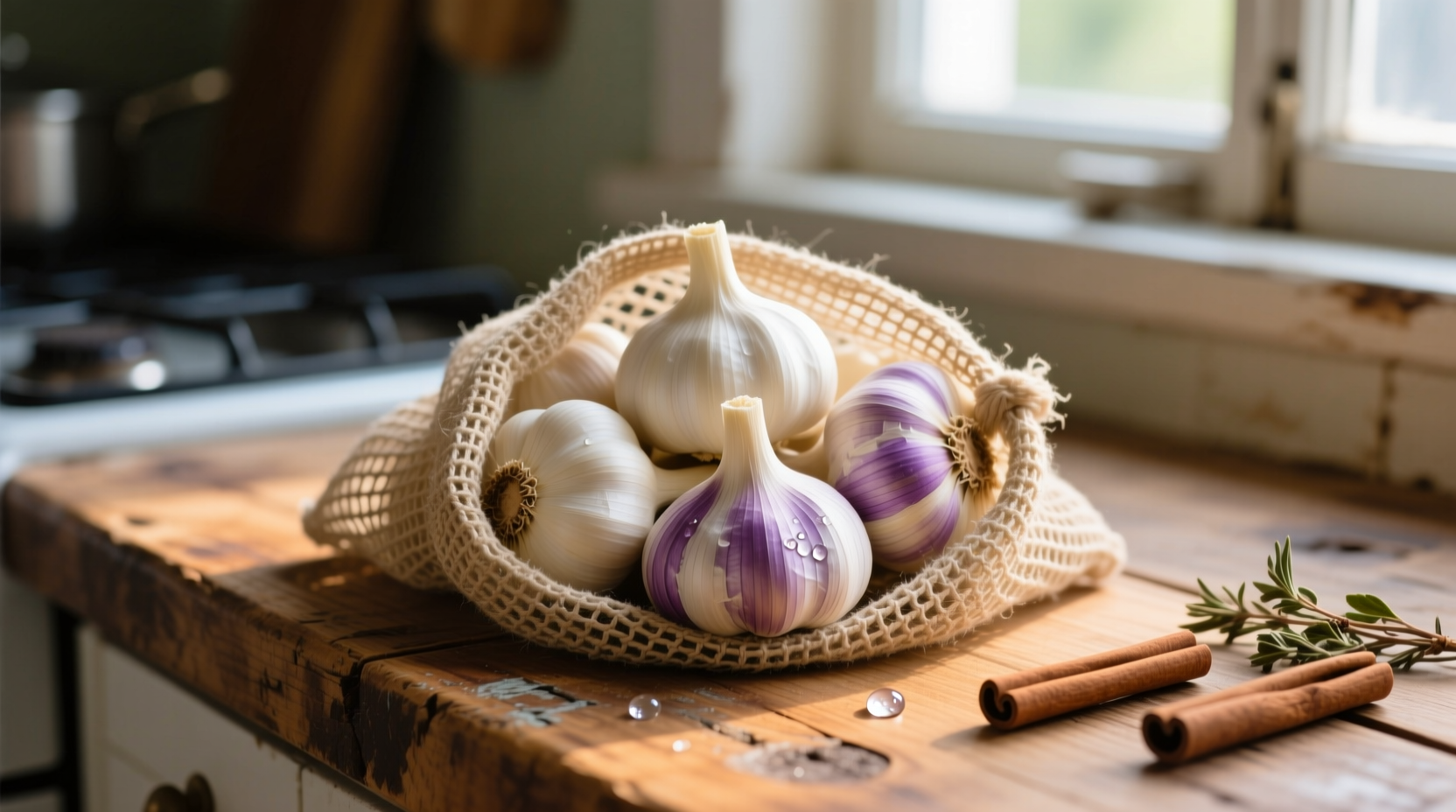 Garlic bulbs in mesh bag on wooden kitchen counter