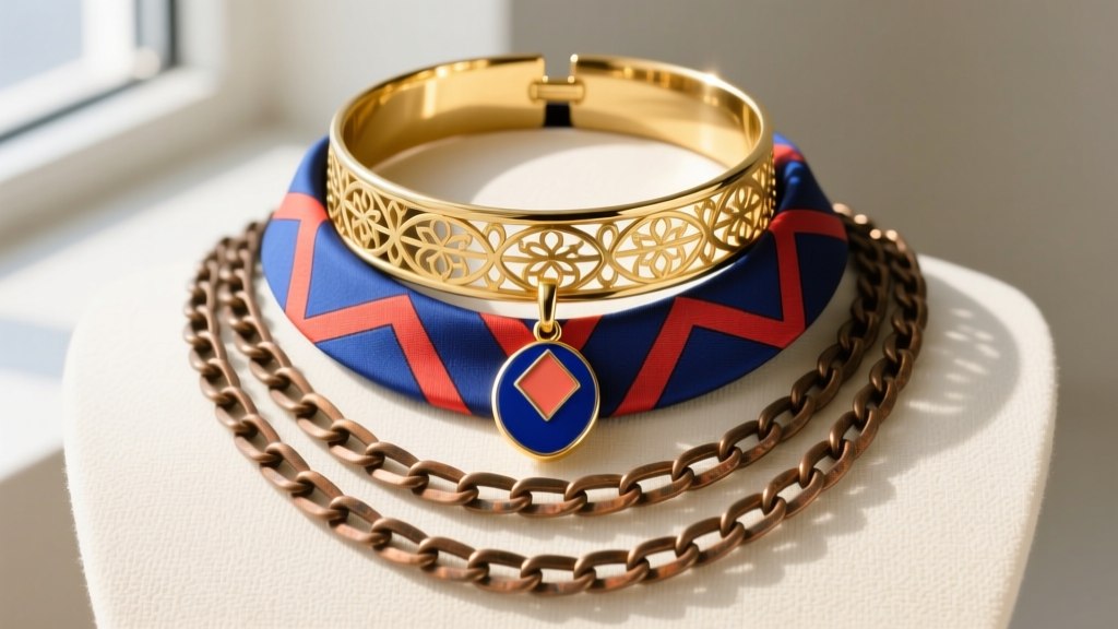 Layered stack featuring a 16-inch gold vermeil choker, an 18-inch Lori Bonn brass enamel pendant, and a 24-inch bronze chain.
