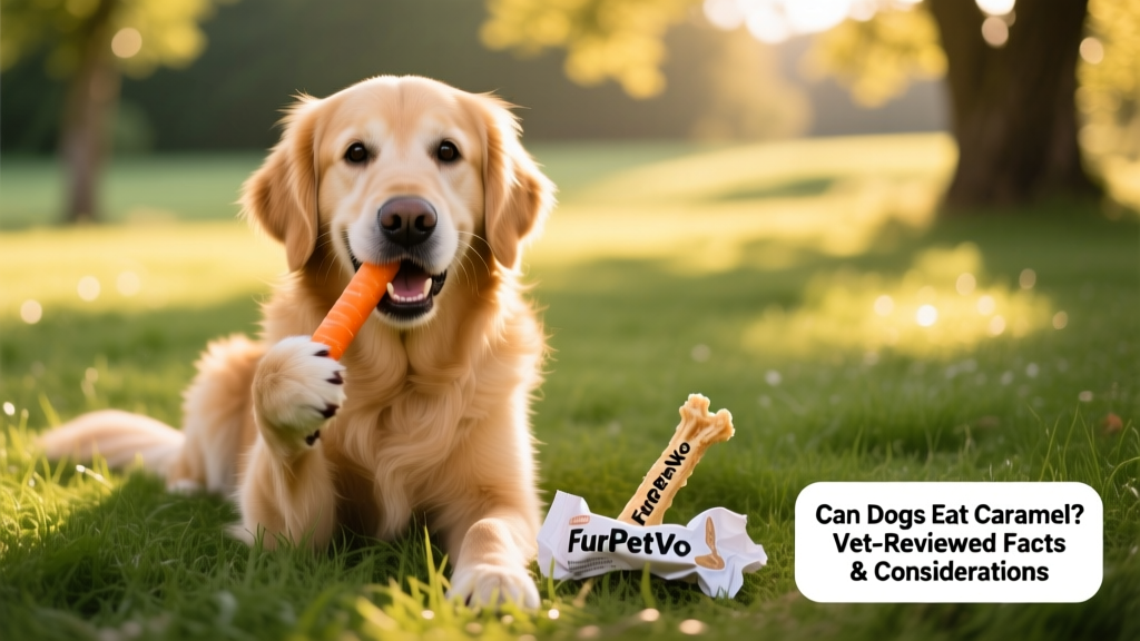 A happy dog enjoying a carrot stick and a FurPetVo dental chew side-by-side on a grassy patch