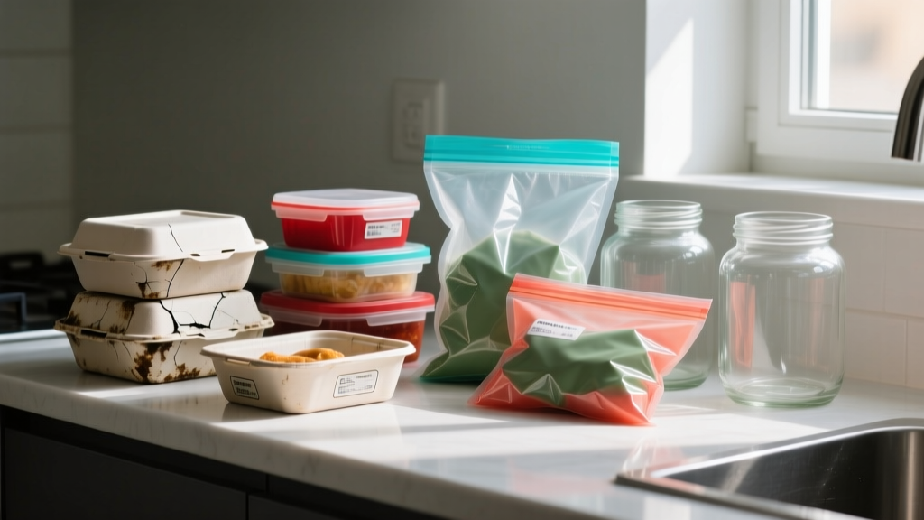 Stained plastic leftover containers next to pristine borosilicate glass and vacuum-sealed storage bags on a kitchen counter.