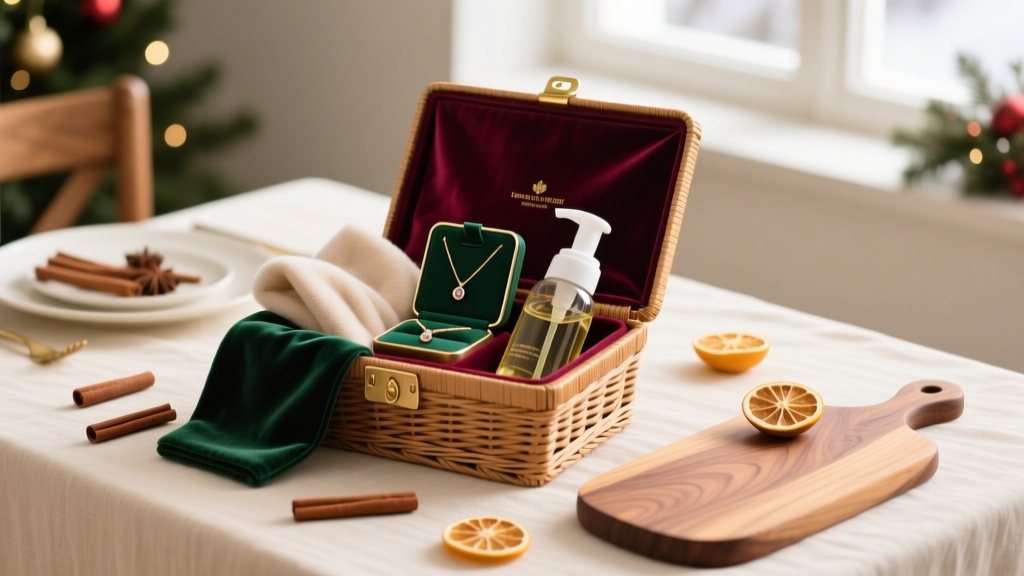 Gift basket holding a jewelry care kit, microfiber cloths, gentle foaming cleaner, and a wooden board on a festive holiday table
