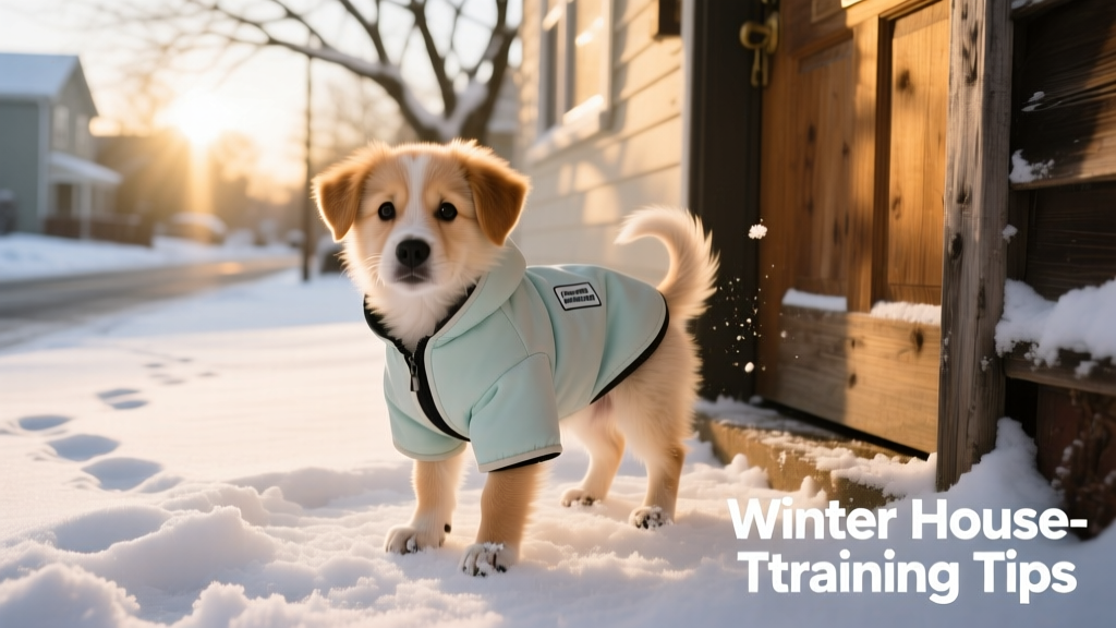 A small puppy standing on a cleared patch of snow near a doorway, wearing a lightweight dog coat