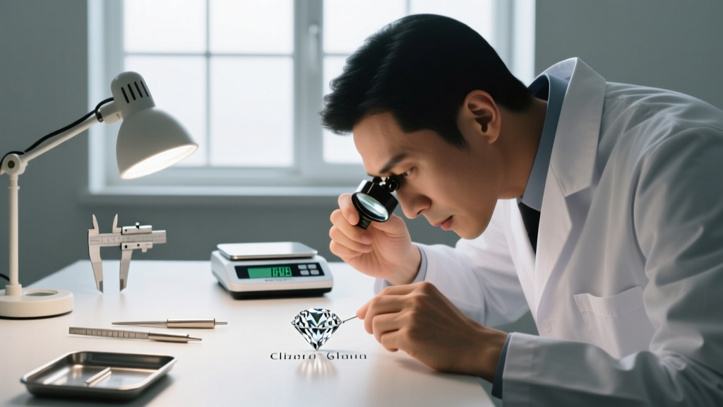Jeweler using a loupe to inspect a diamond inscription, with a digital carat scale and appraisal tools visible in the background.