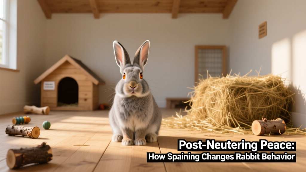 Male rabbit calmly sitting in a spacious, clean enclosure with toys and fresh hay