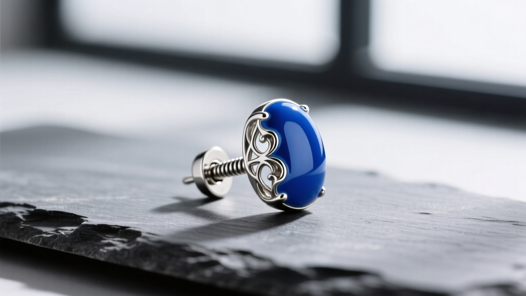 Macro view of a blue enamel clip-on earring on slate, showing the spring-hinge mechanism and silver filigree in soft light.