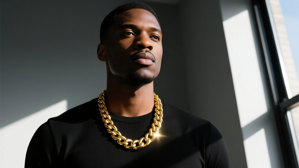 Man wearing a thick 14k gold Cuban chain over a black shirt, captured in a moody editorial portrait with dramatic side lighting