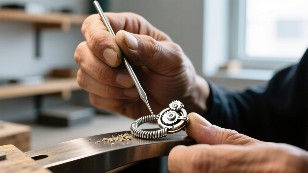 Close-up of a jeweler using a fine steel pin to clear debris from a stuck sterling silver spring ring clasp mechanism