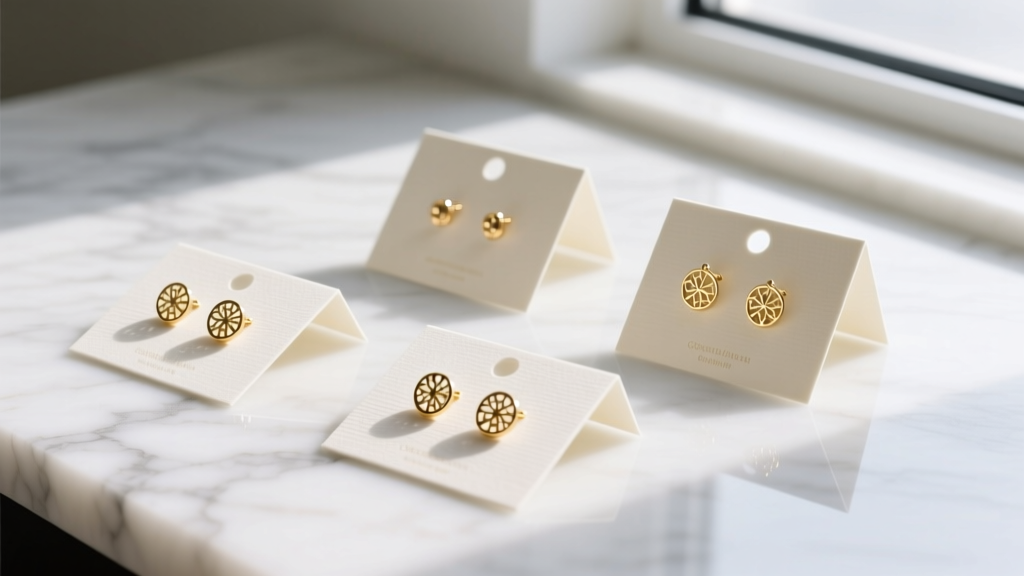 Flat lay of thick cream cotton paper custom earring cards displaying delicate gold stud earrings on a clean white marble surface