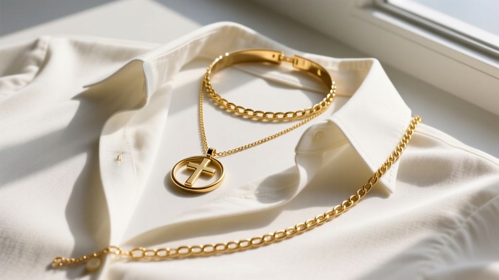 Flat lay of a 16-inch choker, an 18-inch cross in a circle necklace, and a 20-inch gold chain layered on a linen shirt.
