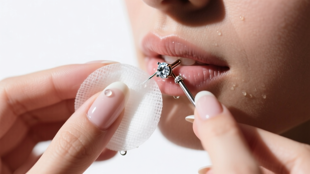 Hands holding non-woven gauze soaked in sterile saline, gently cleaning the gem setting of a 16-gauge titanium monroe lip stud.