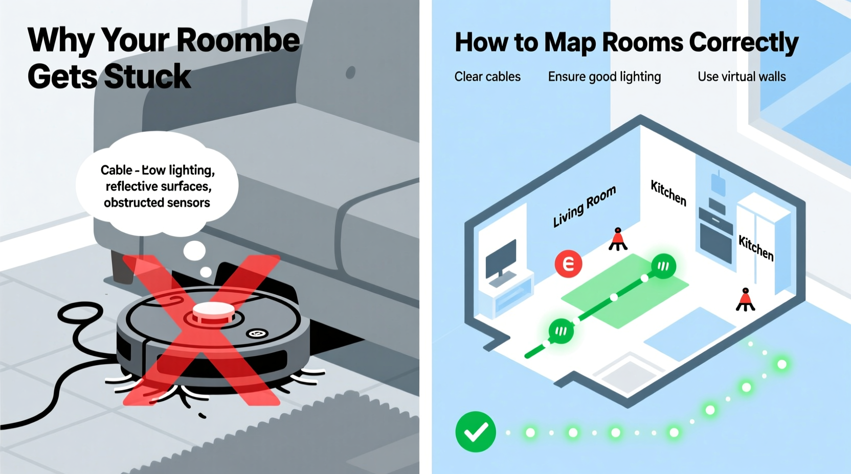why does my roomba keep getting stuck and how to map rooms properly