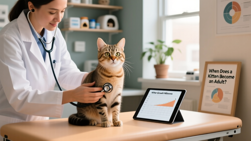 A veterinarian gently examining a calm, alert 11-month-old cat during a routine wellness visit