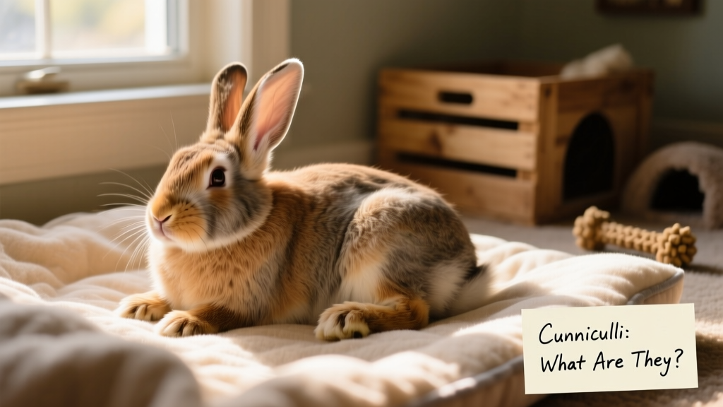 Rabbit with mild head tilt resting on soft bedding, showing relaxed but slightly off-balance posture