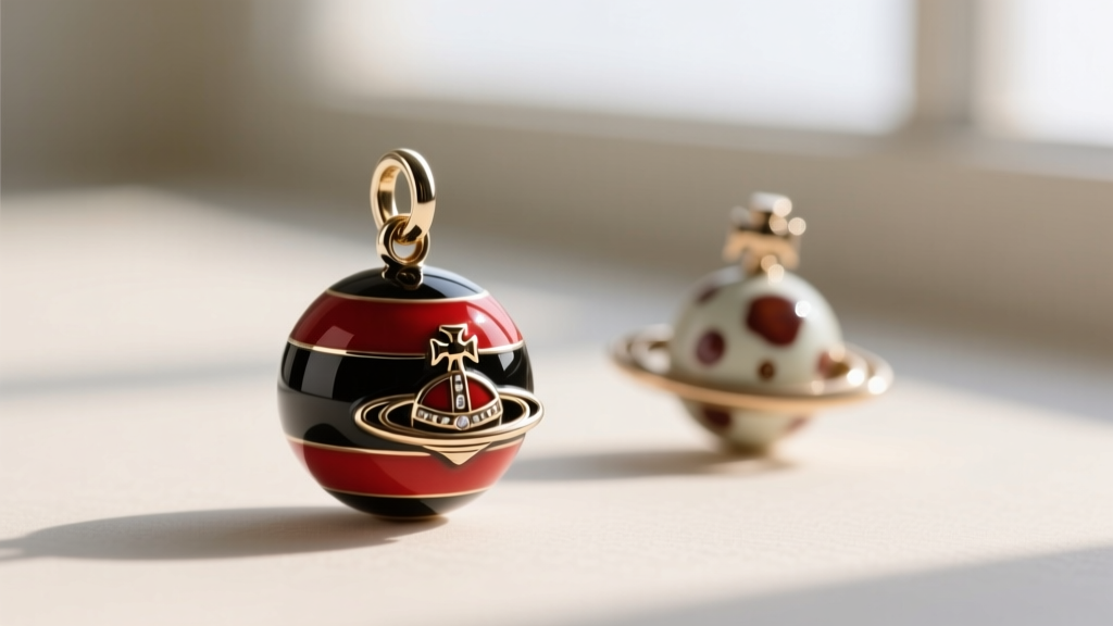 Macro shot comparing crisp enamel on an authentic Vivienne Westwood orb charm against a blurred, poorly cast counterfeit