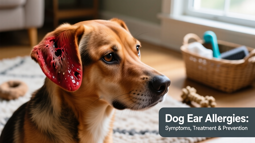 Close-up of a dog's irritated, red ear with visible swelling and discharge