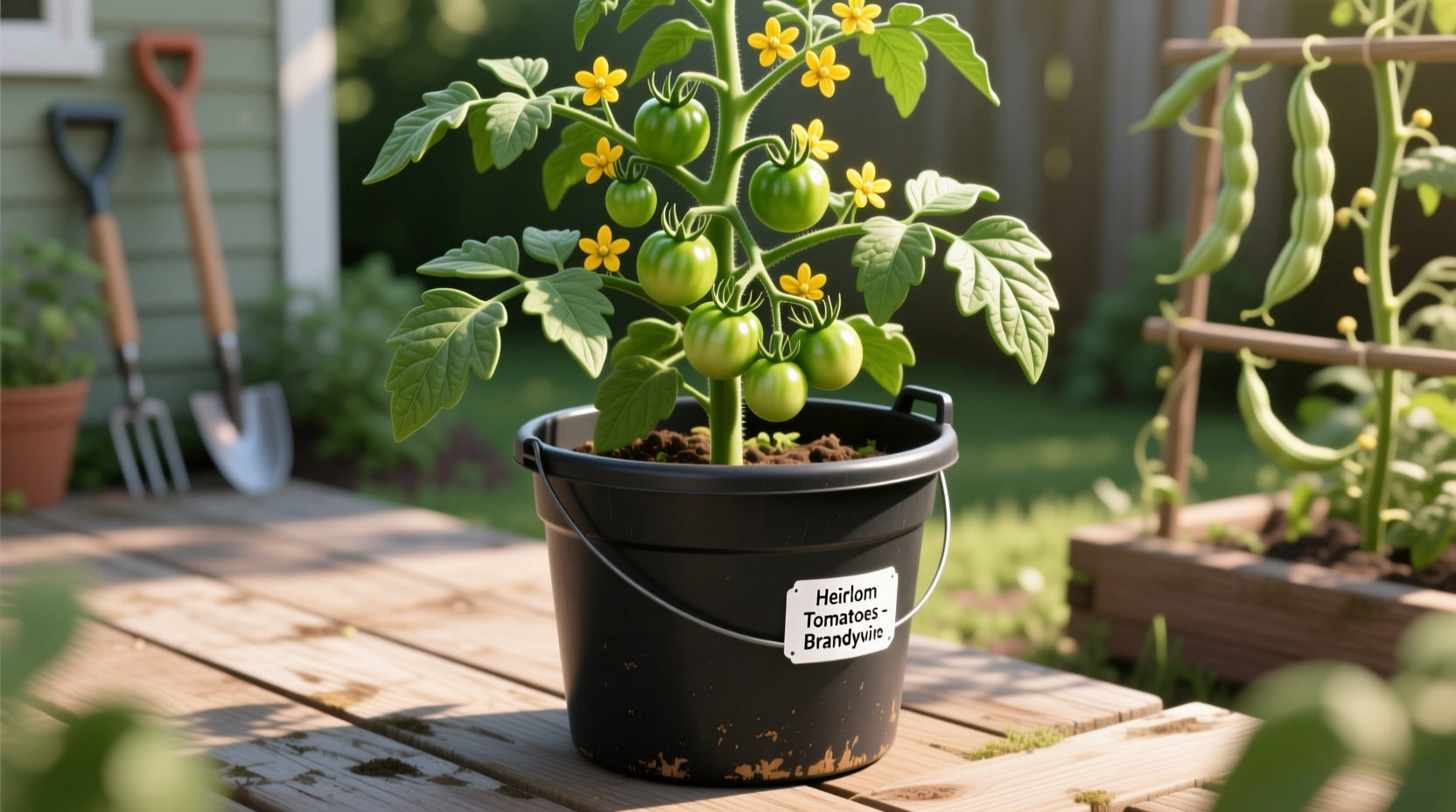 Healthy tomato plant growing in 5-gallon bucket