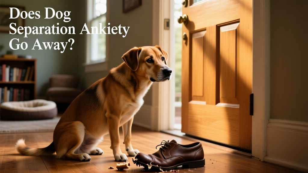 A dog looking anxiously toward a closed front door, tail low and ears back, with a chewed shoe nearby