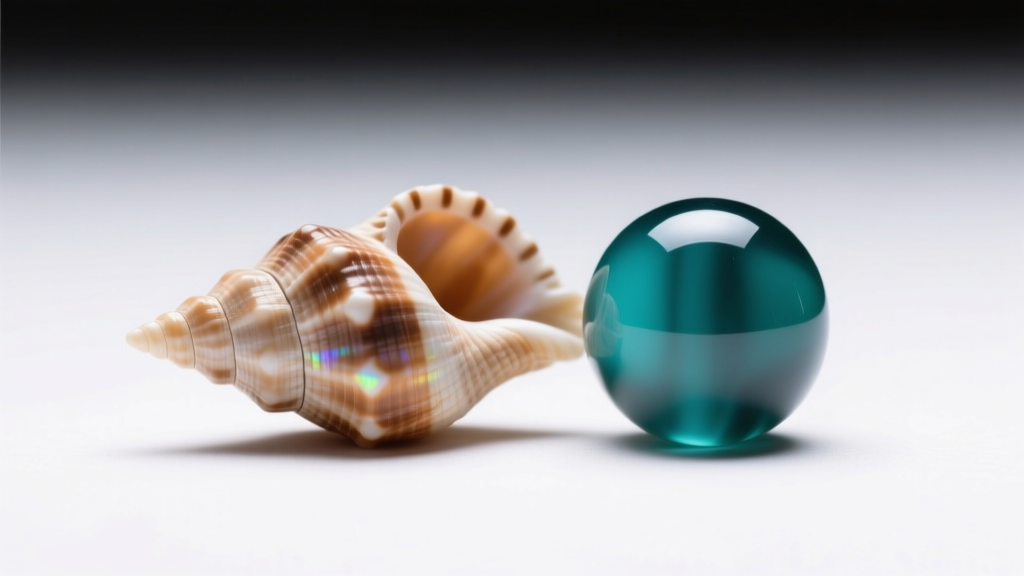 Macro photo of a genuine conical puka shell bead next to a perfectly round dyed resin imitation bead under bright studio lighting.