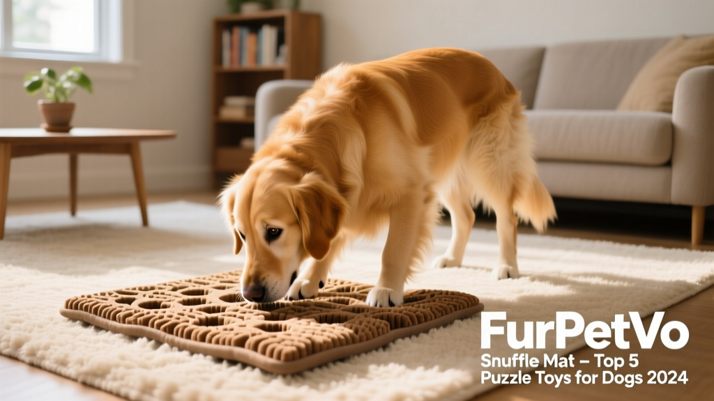 A golden retriever intently sniffing and pawing at a FurPetVo snuffle mat spread across a living room rug