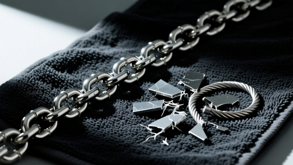 A thick 14-gauge titanium rope chain on a dark gym towel next to a broken 22-gauge silver cable chain, dramatic side lighting