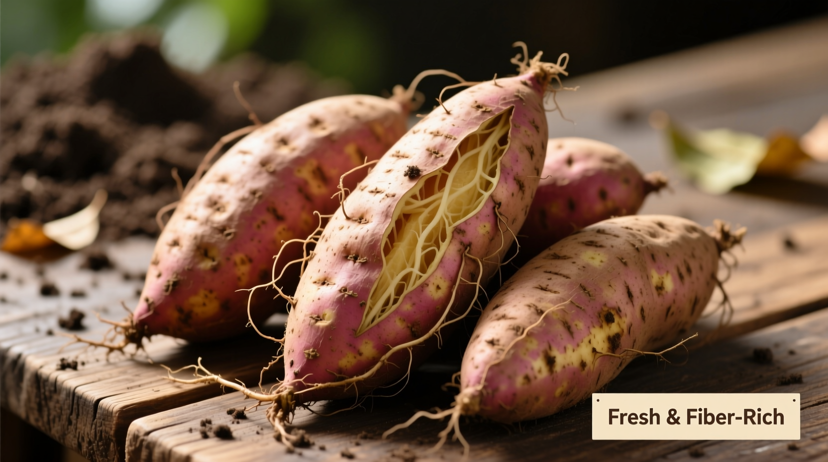 Fresh sweet potatoes with skin showing fiber content