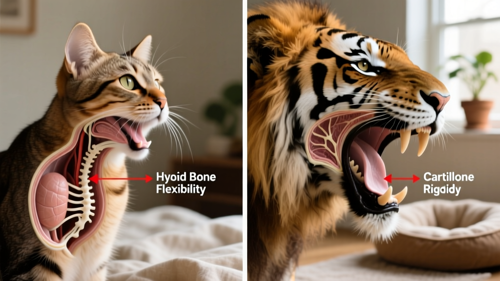 Side-by-side comparison showing laryngeal anatomy of a domestic cat versus a big cat, highlighting structural differences enabling purring