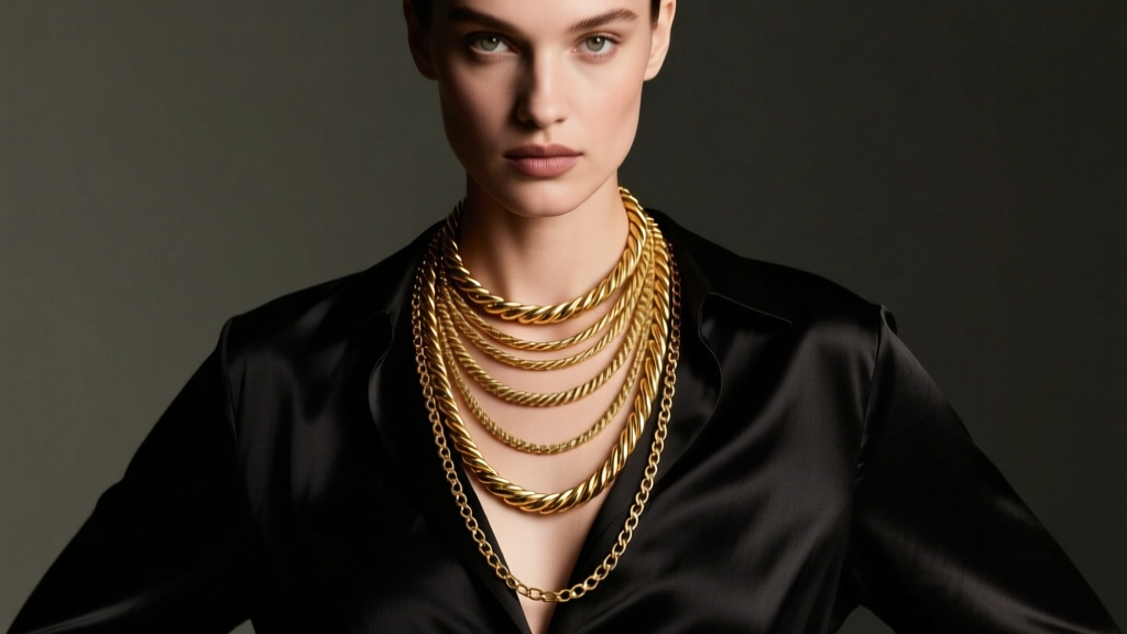 Model wearing a 7-layer gold necklace stack with cable, rope, and figaro chains against a dark silk blouse, soft studio lighting.