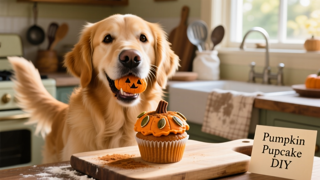 A happy dog holding a pumpkin pupcake in its mouth, tail wagging
