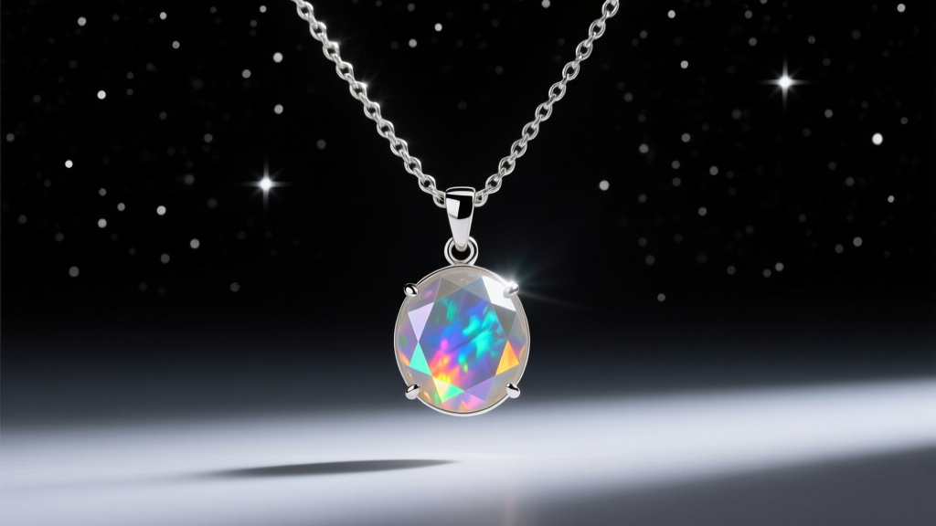 Faceted rainbow moonstone pendulum necklace on a delicate silver chain, catching iridescent light against a dark starry backdrop.