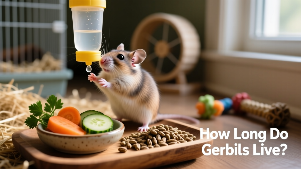 A gerbil drinking from a hanging water bottle beside a dish of fresh vegetables and pellets