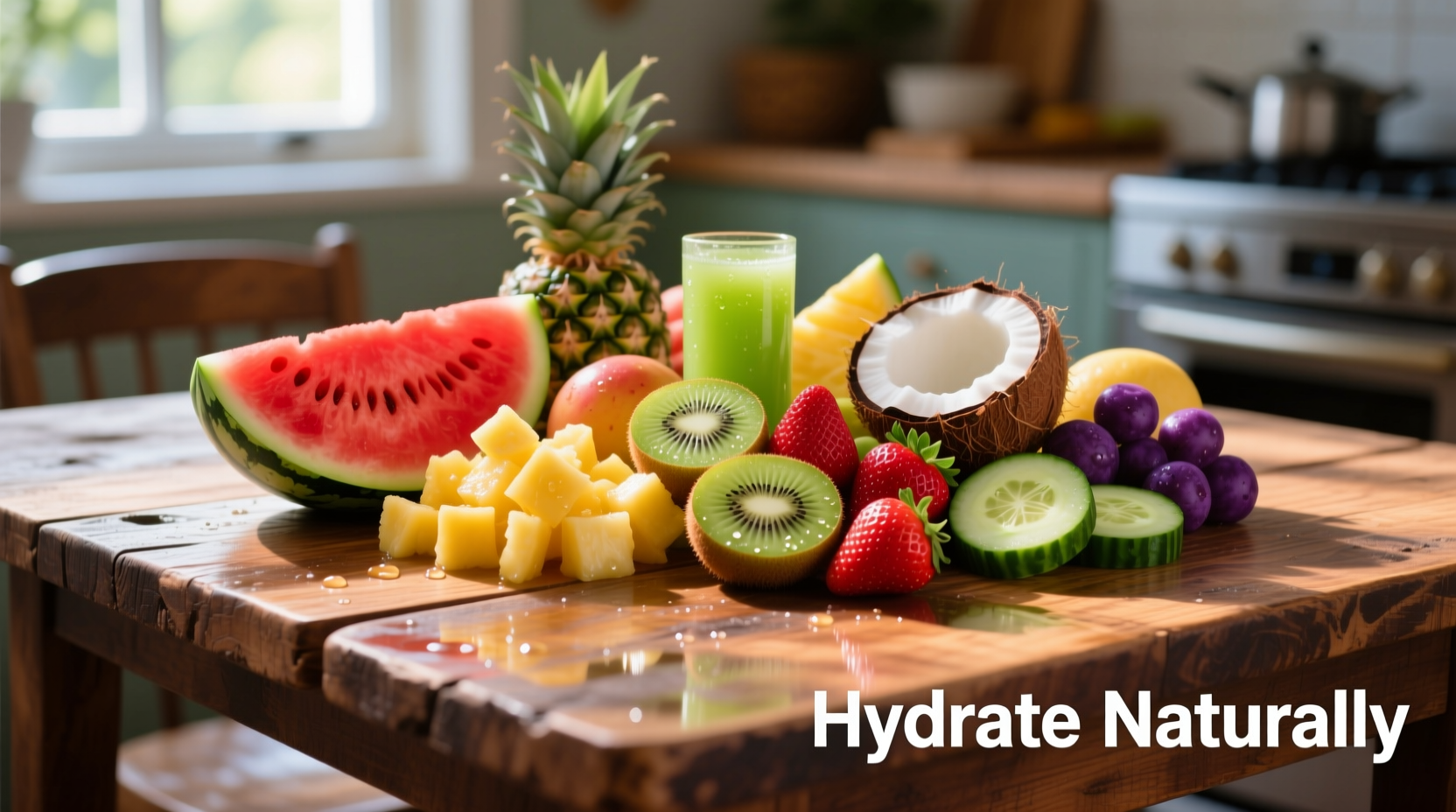 Colorful assortment of electrolyte-rich foods on wooden table