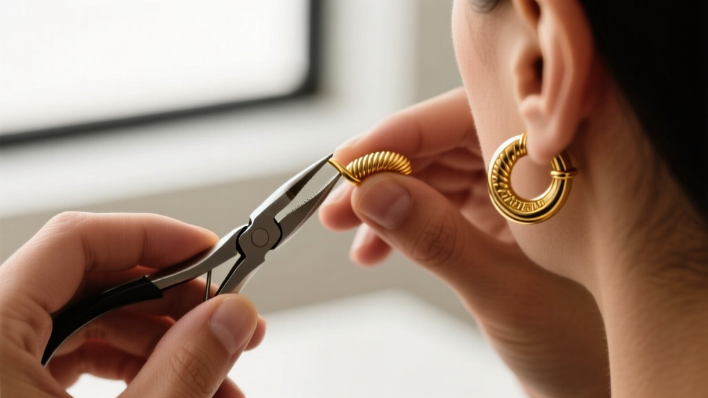 Macro shot of a jeweler using nylon pliers to adjust the tension of a solid 14k gold helix-to-lobe Nefertiti ear cuff connector.