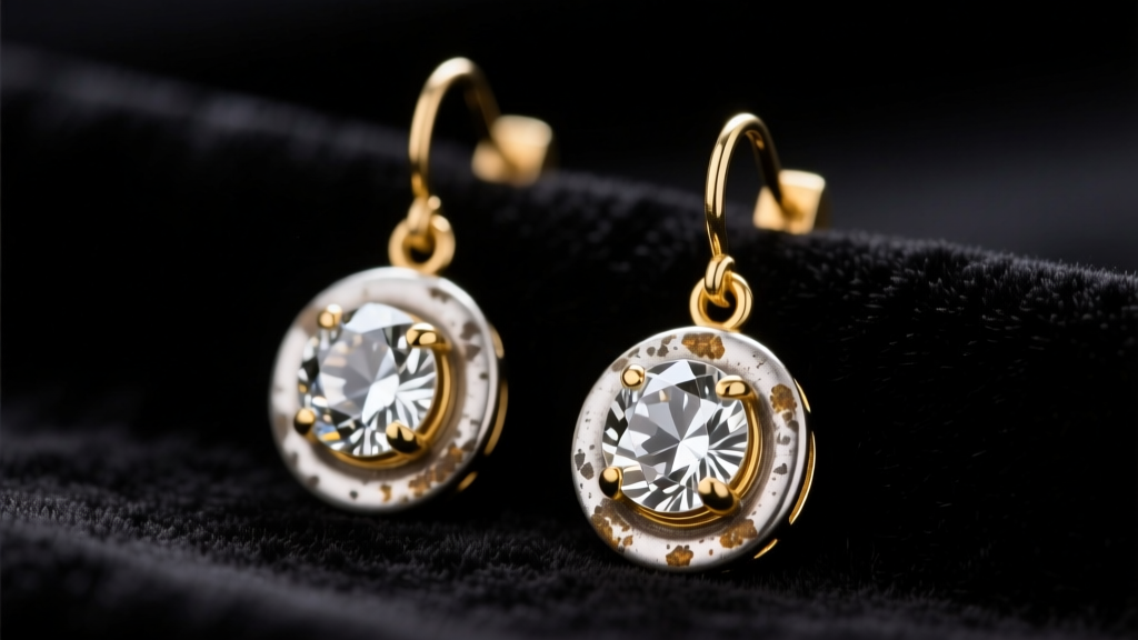 Macro shot of Victorian vintage drop earrings with rose-cut diamonds set in tarnished silver over gold on dark velvet