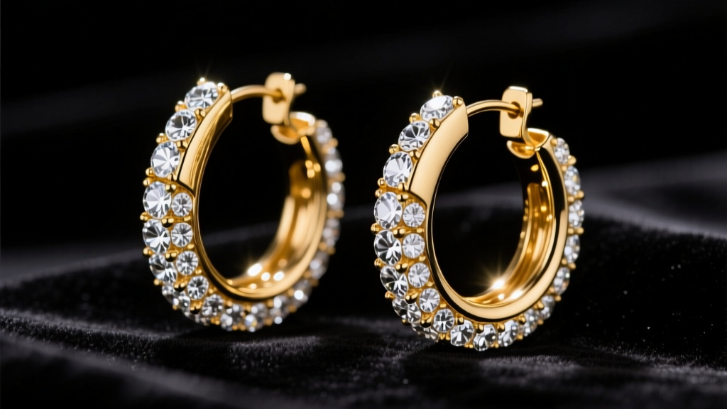 Large gold-plated brass hoop earrings encrusted with clear rhinestones resting on dark velvet under dramatic studio lighting.