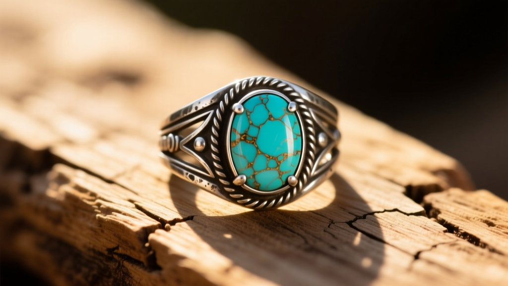 Macro shot of an oxidized silver boho ring with matrix-rich turquoise resting on weathered wood in warm, natural sunlight.