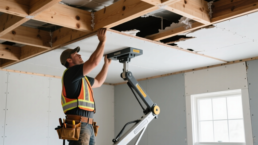 Contractor reinforcing a sagging drywall ceiling with wooden furring strips and lifting a heavy 5/8-inch gypsum board into place with a drywall lift