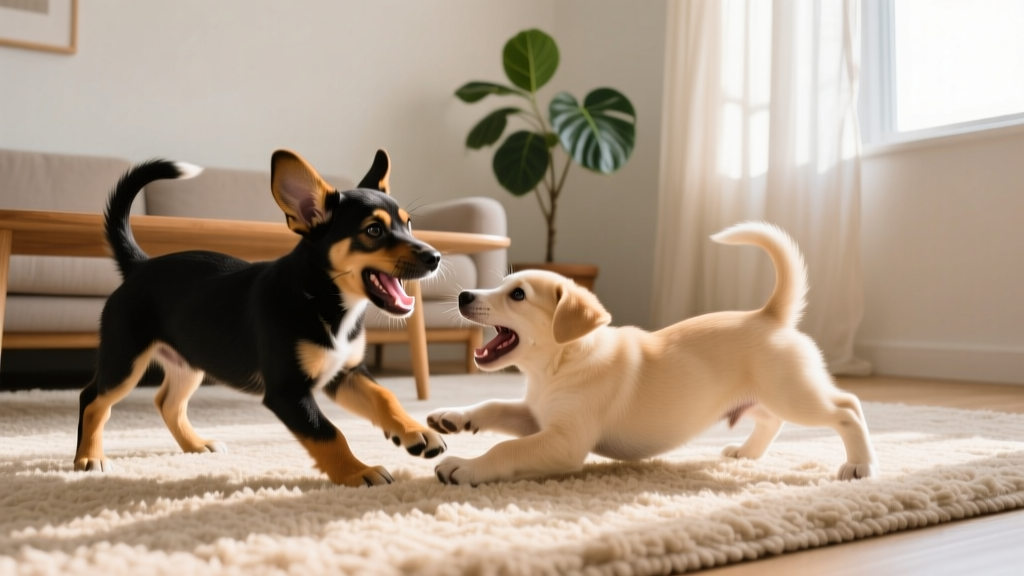 Two jug puppies playing together on a cozy living room rug, showcasing their varied coat colors and joyful expressions