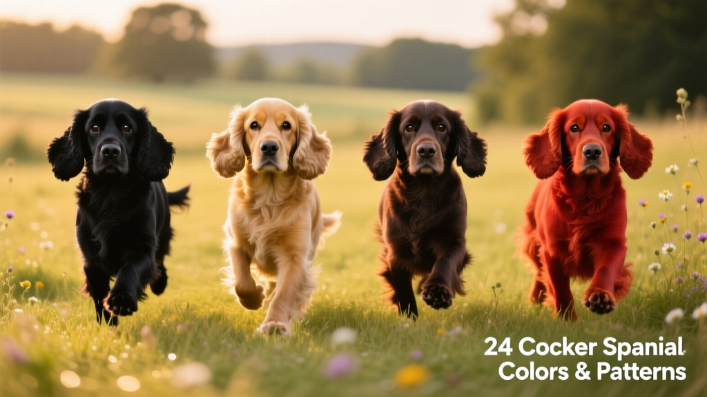 Side-by-side comparison of four solid-colored Cocker Spaniels: black, golden, liver, and red