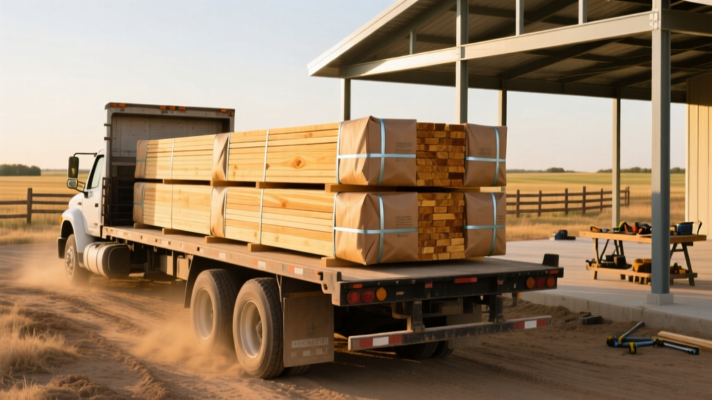 Flatbed truck delivering stacked bundles of pressure-treated Southern Yellow Pine lumber to a rural post-frame construction site in Kansas