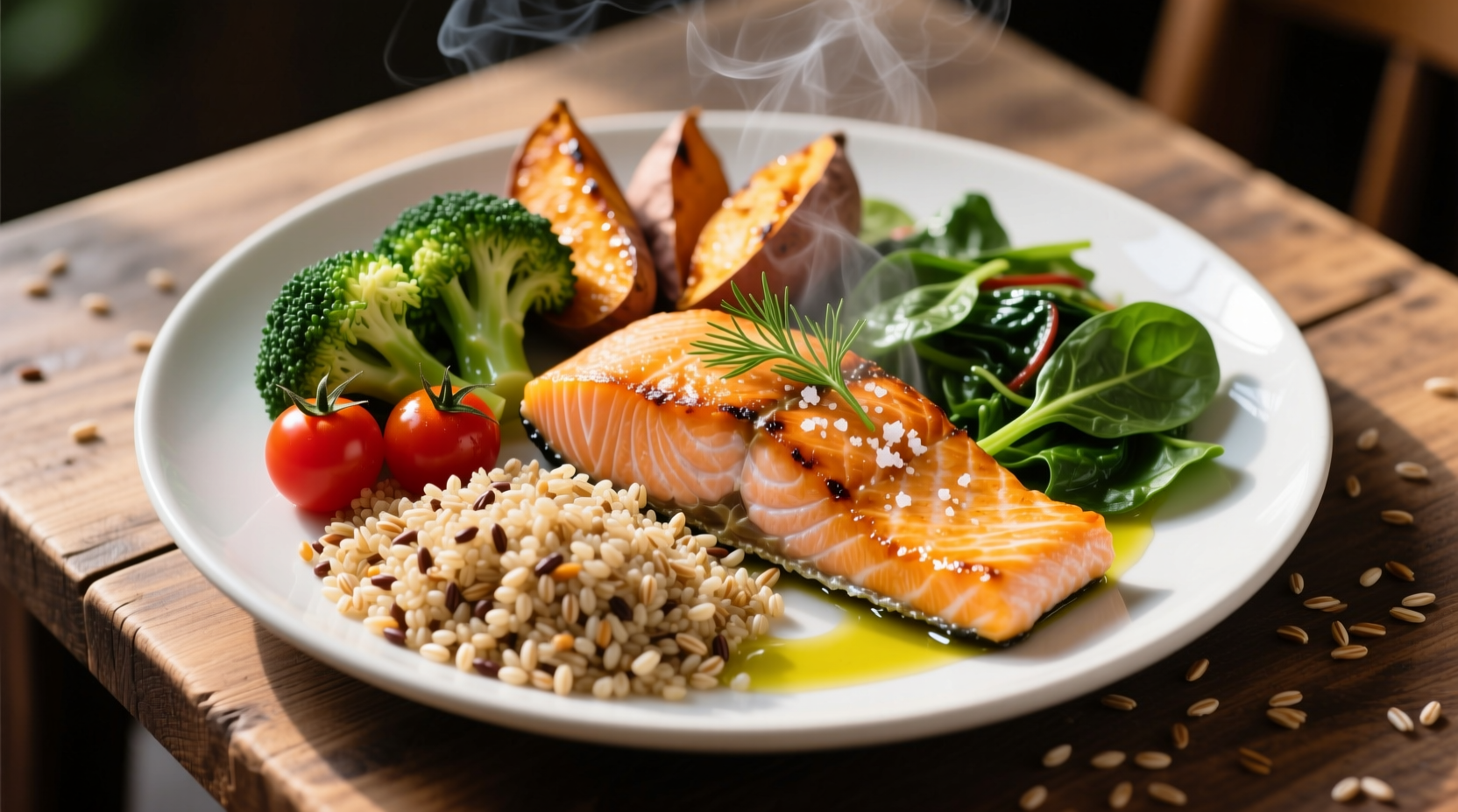 Healthy plate with vegetables, salmon, and whole grains