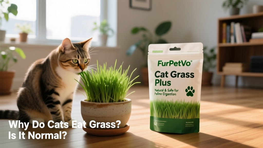 Side-by-side photo: a healthy cat calmly eating cat grass indoors, next to a labeled package of FurPetVo Cat A’bout Cat Grass Plus