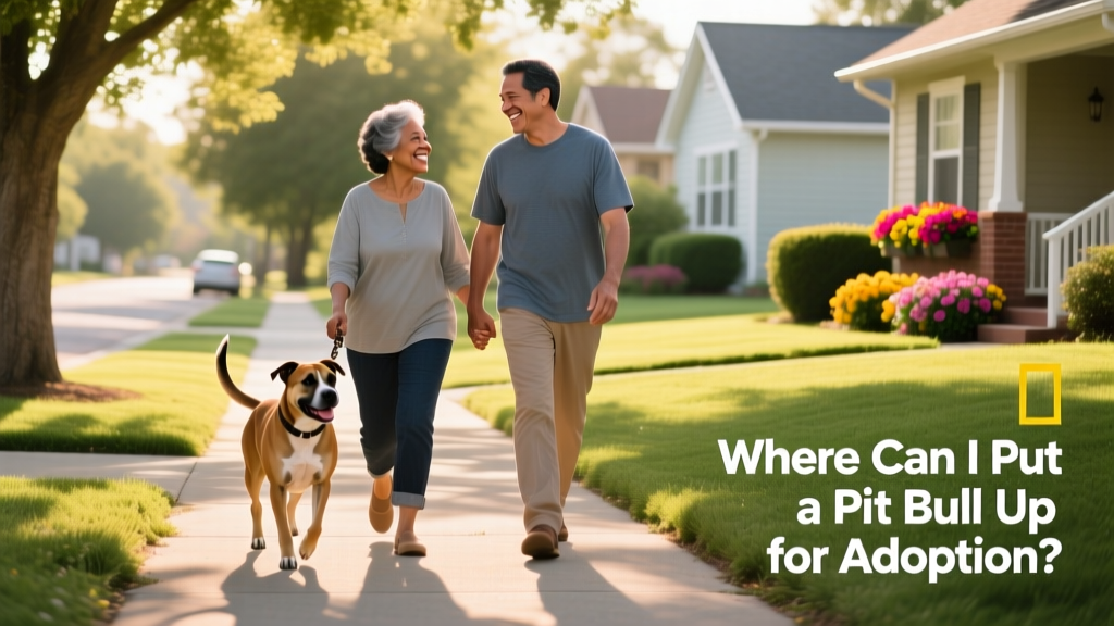 Two people and a calm, leashed Pit Bull walking together on a sunny neighborhood street, all appearing relaxed and happy