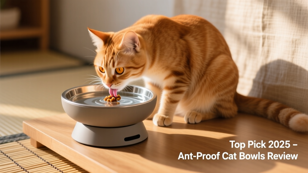 A cat eating peacefully from an elevated, ant-proof bowl with a water moat base