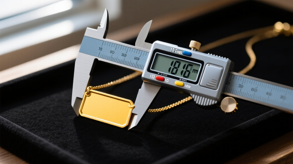 Digital calipers measuring the thickness of an 18-gauge 10k gold name plate necklace blank on a dark jeweler