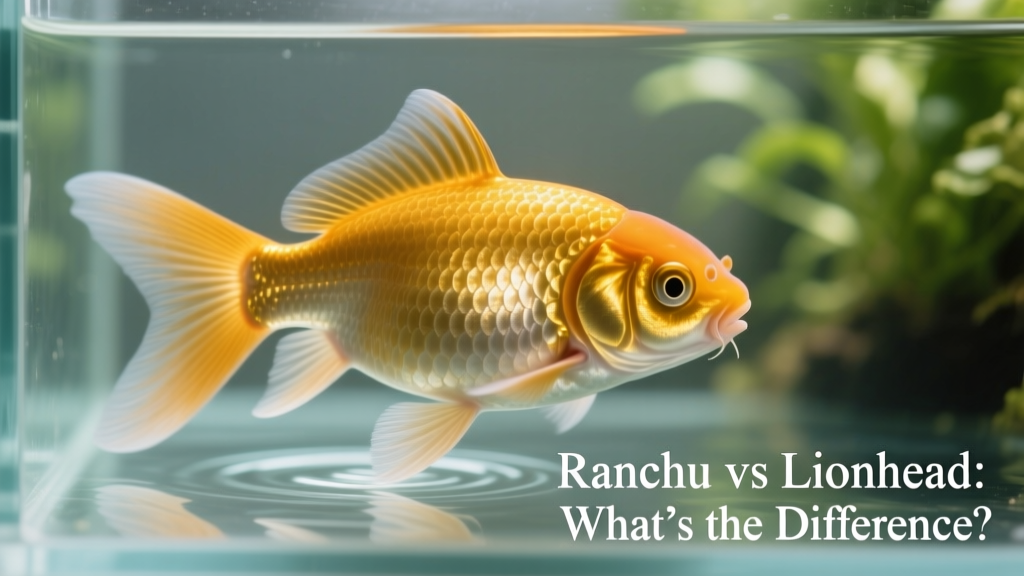 Close-up of a mature Ranchu goldfish showing smooth, symmetrical head growth and broad, horizontal tail