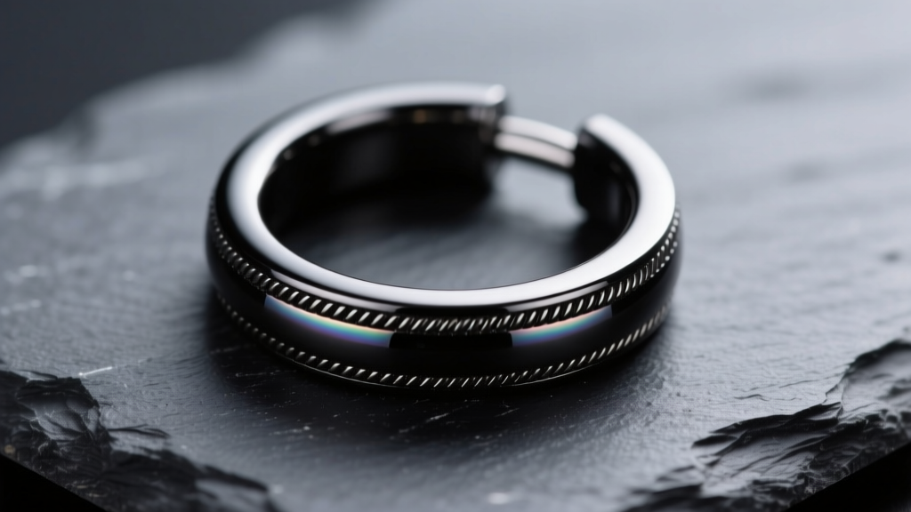Macro shot of a 16-gauge ASTM F136 titanium black PVD clicker hoop with subtle milgrain detailing resting on a dark slate surface