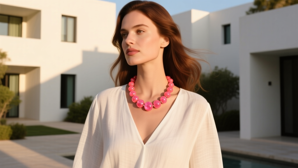 Woman wearing a 16-inch pink coral necklace over a white linen V-neck blouse, illuminated by warm, natural golden hour sunlight