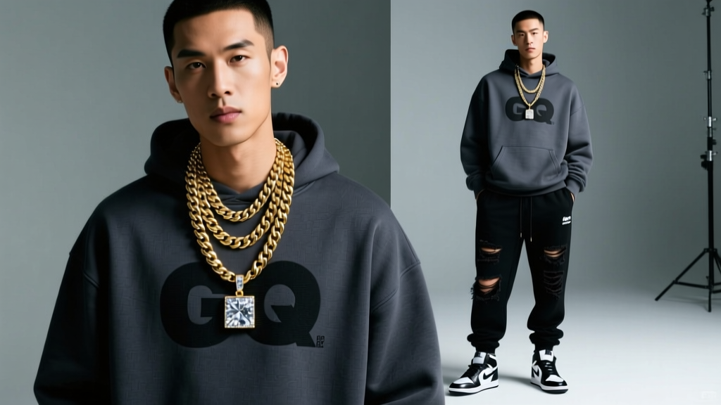 Male model wearing a layered 14mm gold Cuban chain and iced pendant, studio lighting, hip-hop streetwear fashion aesthetic