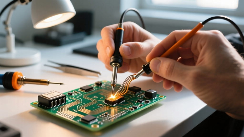 Hands soldering a BSS138 logic level shifter onto a custom perfboard connecting a 5V Arduino sensor to a 3.3V Orange Pi 5 GPIO pinout